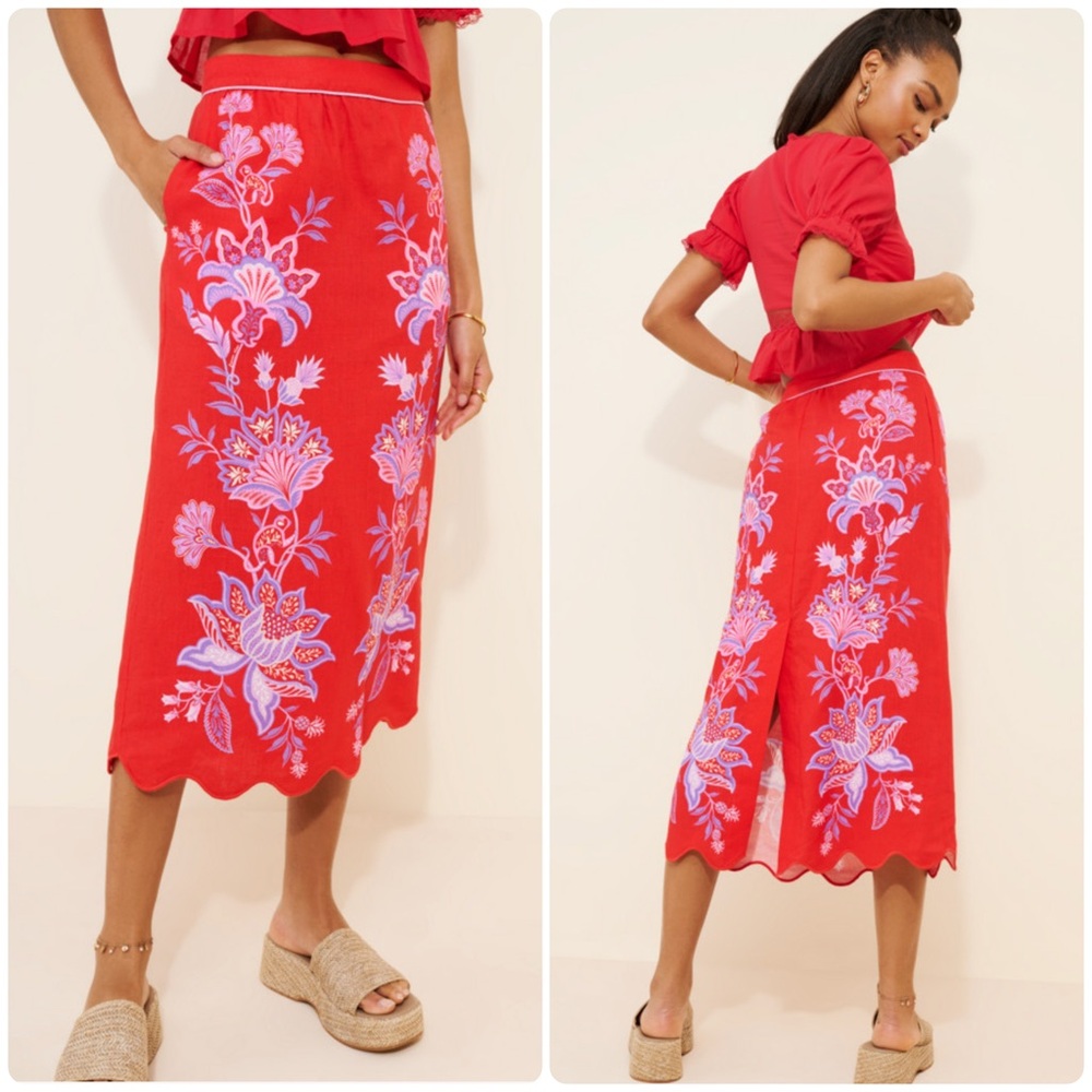 FARM Rio Red Floral Midi Skirt